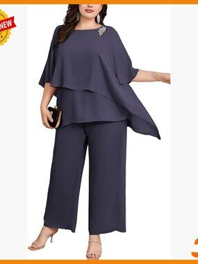 Plus Size Chiffon Pant Suit Set Formal Wedding Guest Outfit Rhinestone Details